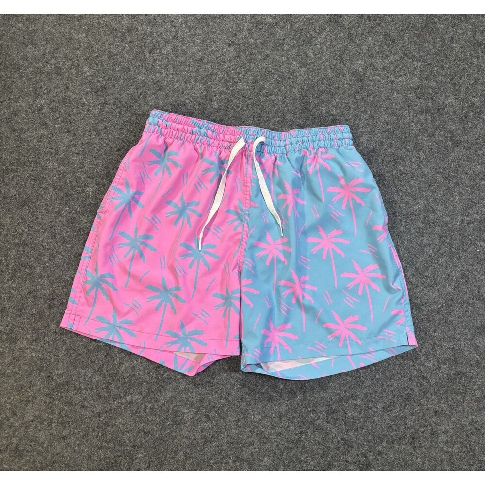 Chubbies Swim Trunks Men’s Size Medium Pink Blue Palm Tree Print Mesh Lined Flaw